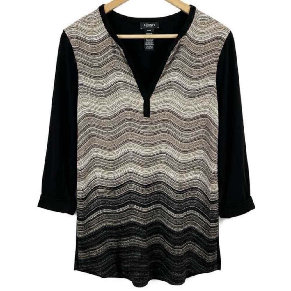Olsen Europe Wavy Pattern 3/4 Sleeve V Neck Top Size 8